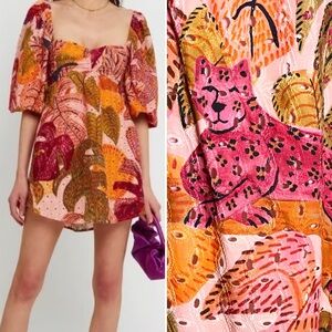 KOURT Robbie Palm Cheetah Eyelet Puff Sleeve Mini, Peach/Pink/Green size small